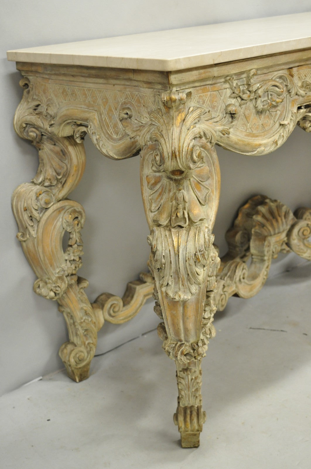 Antique French Louis XV Rococo Style Shell Carved 68" Marble Top Console Table