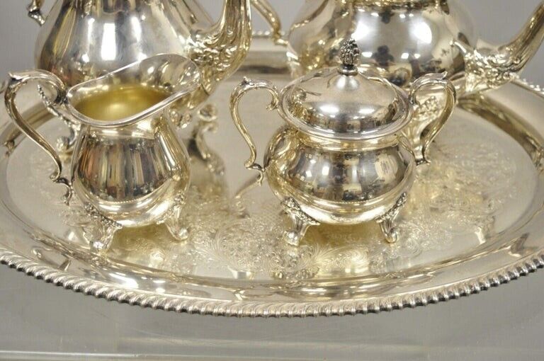 Wilcox International Silver Co Silver Plated Tea Set w/ Serving Tray - 5 pc Set