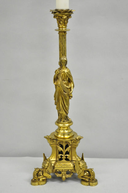 Antique French Empire Renaissance Bronze Maiden Candlestick Table Lamp