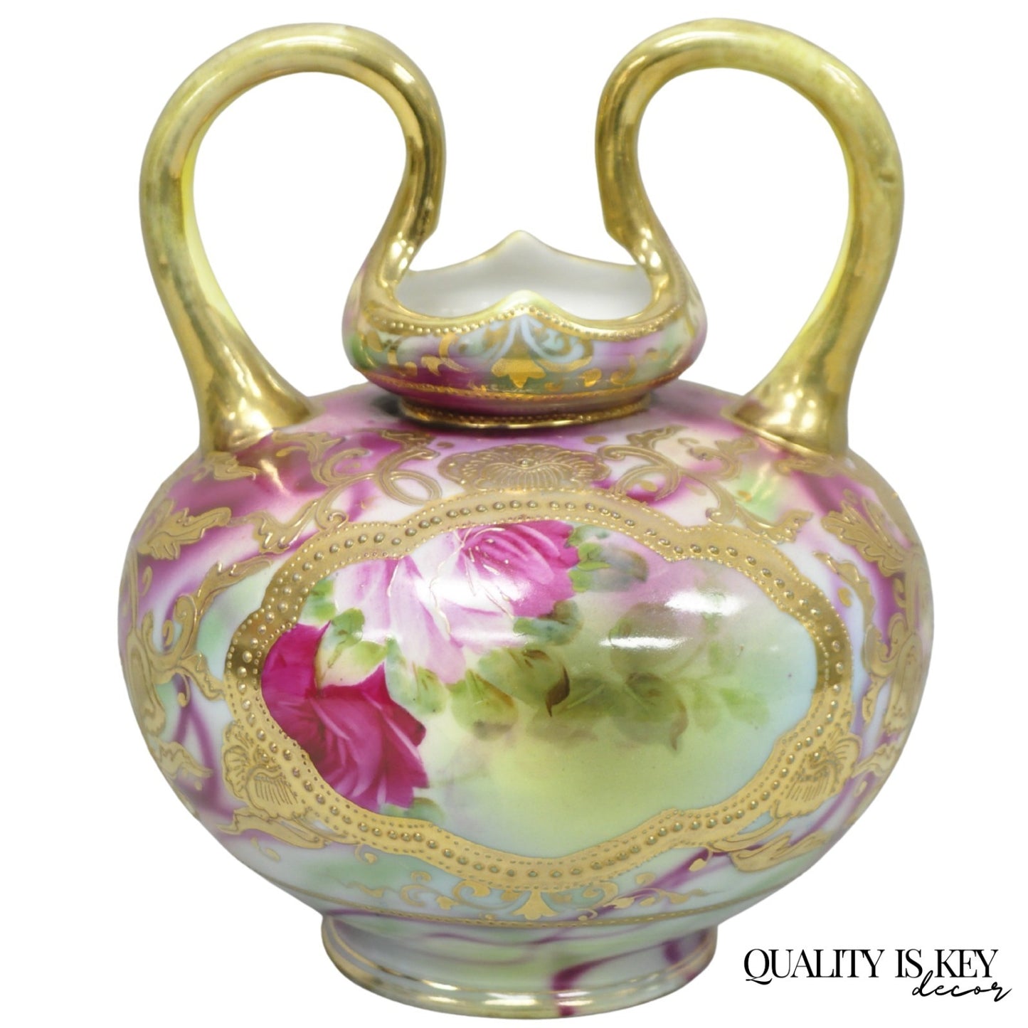Antique Austrian Hand Painted Moriage Porcelain Double Swung Handle Bulbous Vase