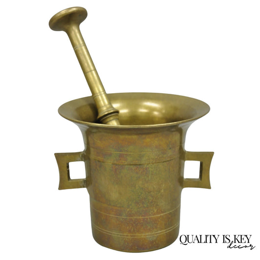 Antique Solid Bronze Brass German Apothecary Mortar with Pestle - 2 Pcs