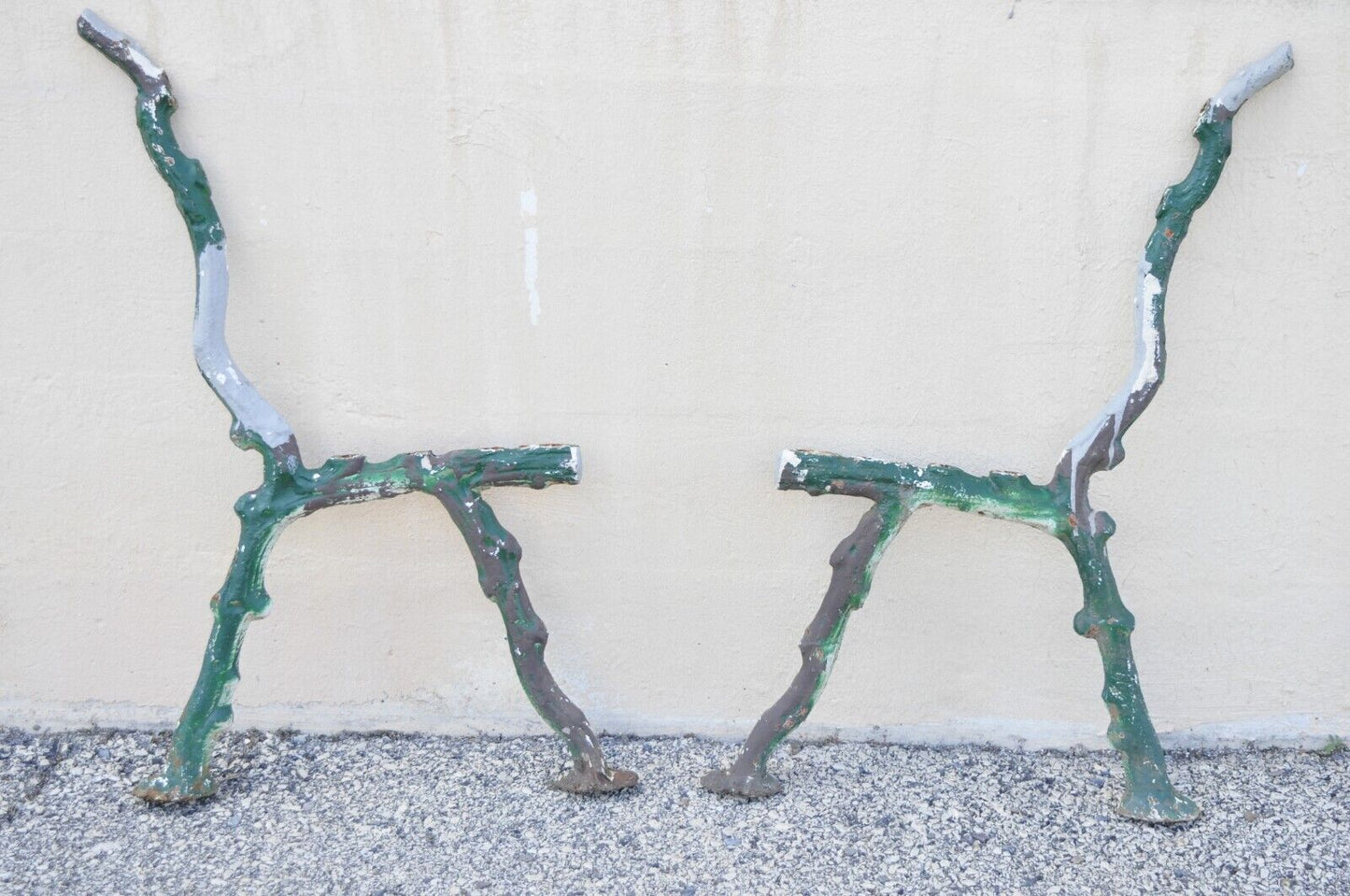Antique Cast Iron Victorian Faux Bois Green Branch Twig Garden Bench Legs - Pair