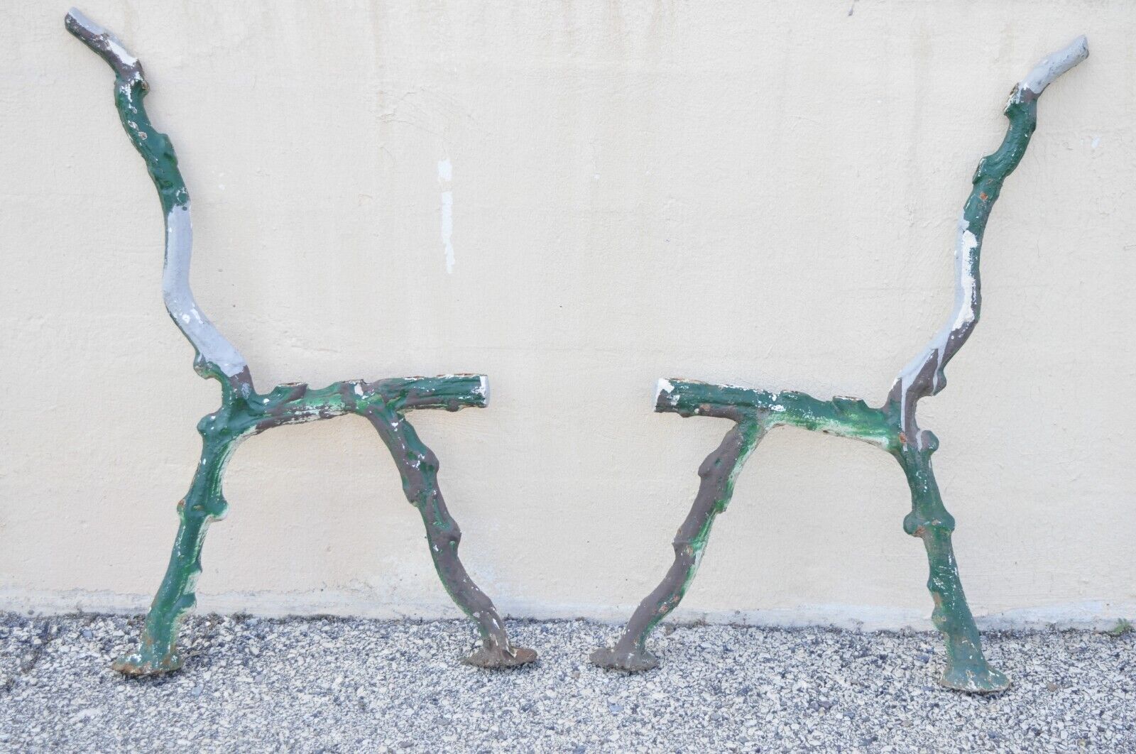 Antique Cast Iron Victorian Faux Bois Green Branch Twig Garden Bench Legs - Pair