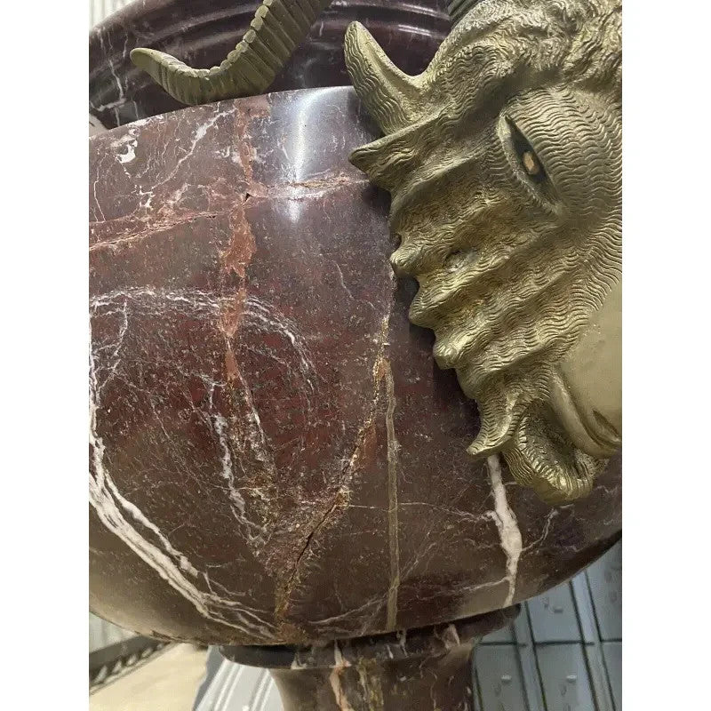 Large French Neoclassical Rouge Marble Bronze Rams Head Urn Planters - a Pair