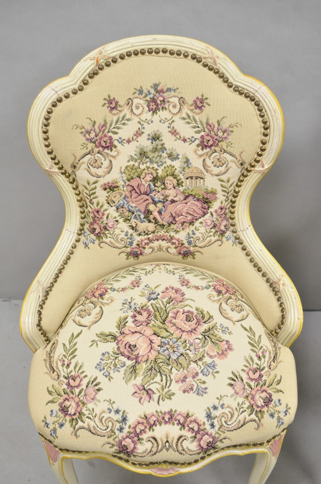 Vintage French Louis XV Style Cream & Pink Painted Boudoir Slipper Chair - Pair