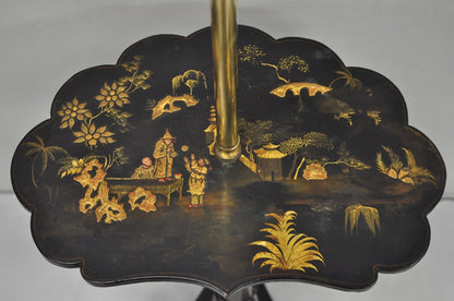 Antique Chinoiserie English Regency Black Lacquer Carved Wood Floor Lamp Table