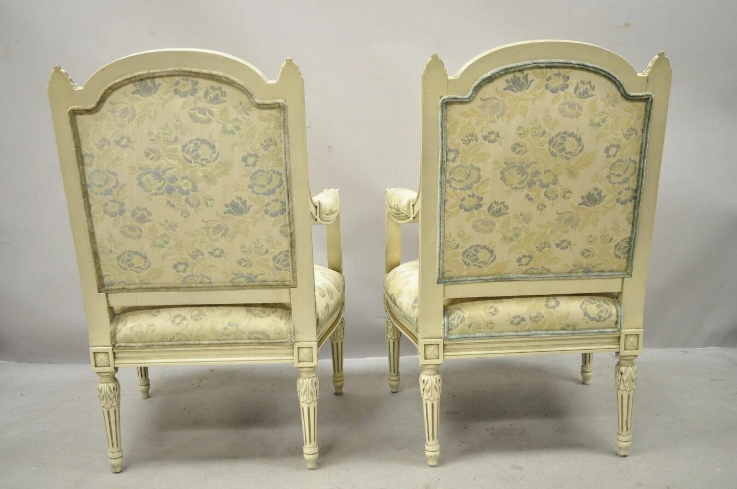 Vintage French Louis XVI Style Cream Painted Gold Gilt Lounge Arm Chairs - Pair