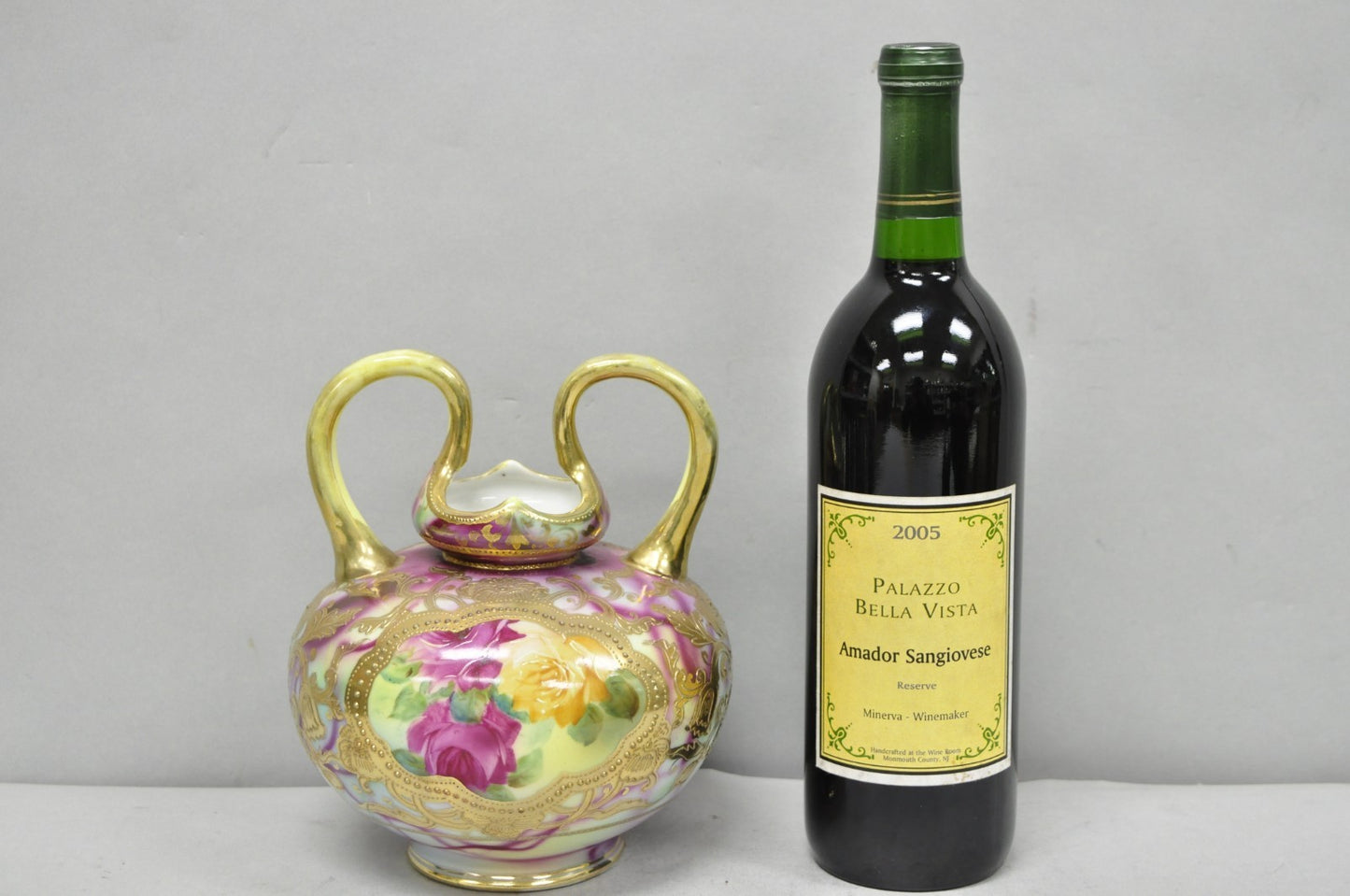 Antique Austrian Hand Painted Moriage Porcelain Double Swung Handle Bulbous Vase