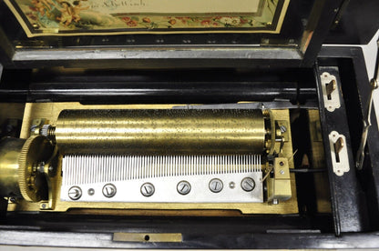 19th C. Antique Swiss Cylinder Roll Music Box 6 Tune Airs with Inlaid Case
