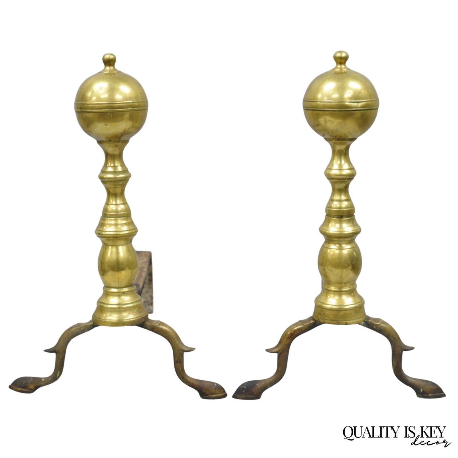 Antique English Colonial Brass Cannonball Branch Leg Andirons w/ Patina - a Pair