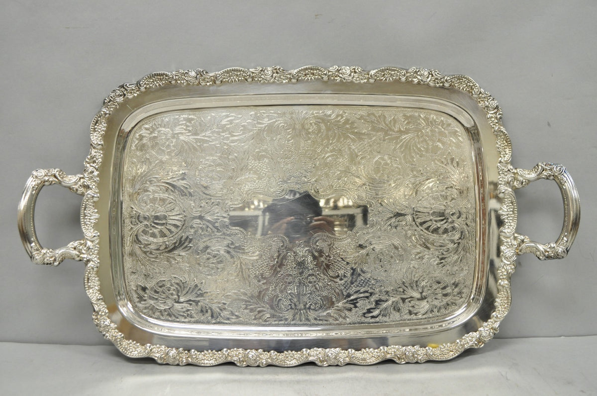Vintage Oneida Victorian Silver Plated Etched Butlers Serving Platter Bar Tray
