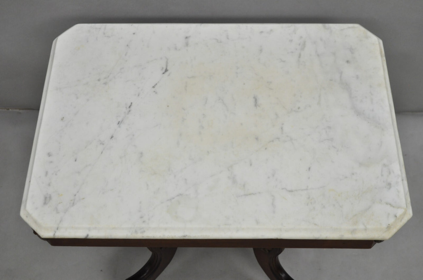 Antique Eastlake Victorian Small Marble Top Pedestal Base Coffee Table w/ Drawer