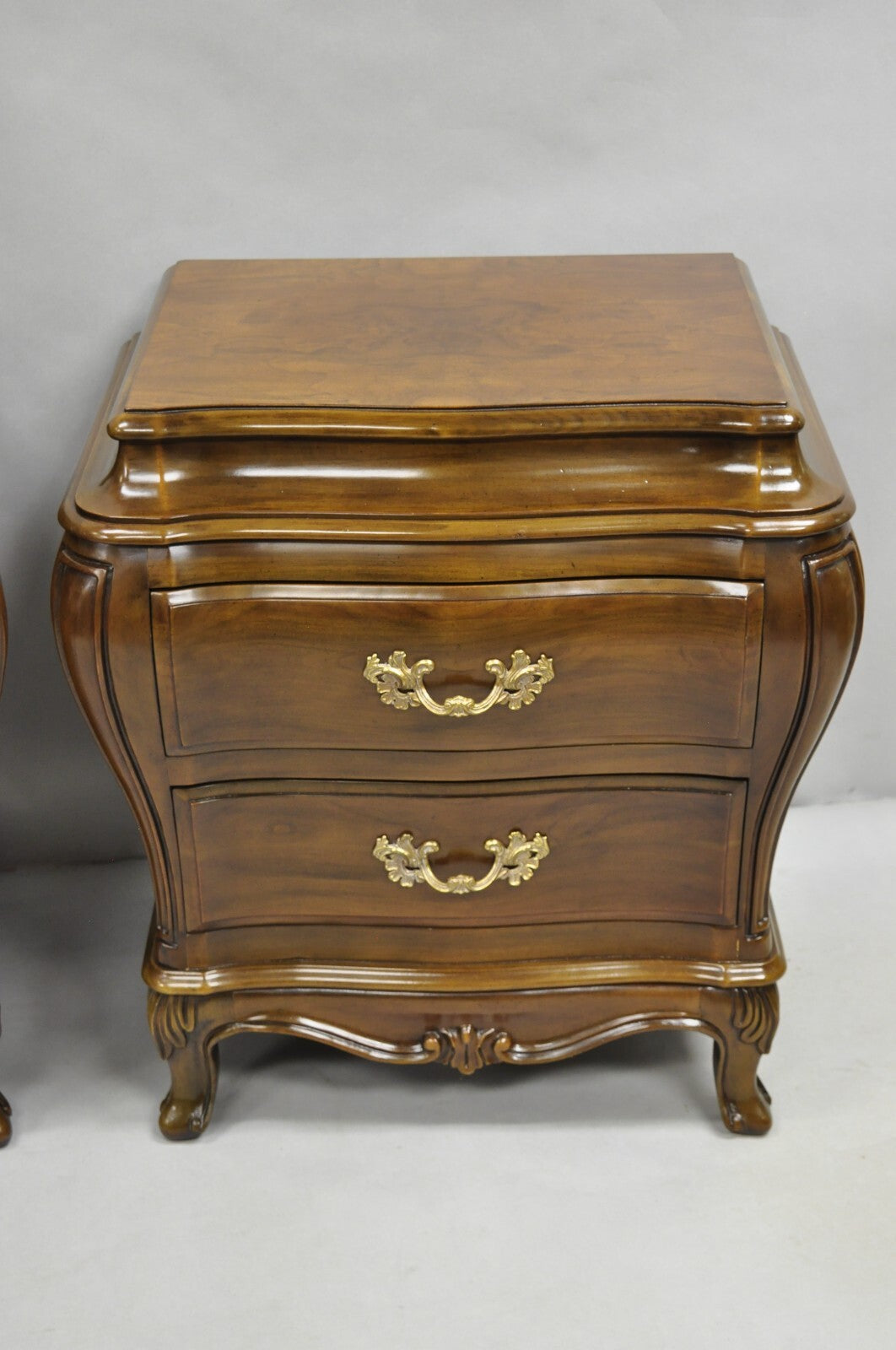 Karges French Louis XV Provincial Style Cherry Wood Bombe Nightstands - a Pair