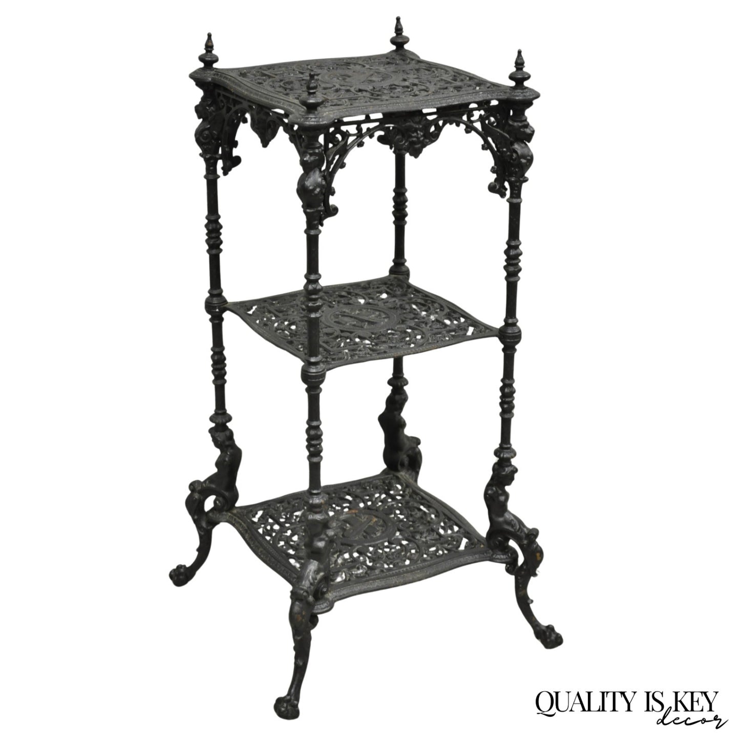 Antique French Renaissance Victorian Cast Iron Figural 3 Tier Plant Stand Table