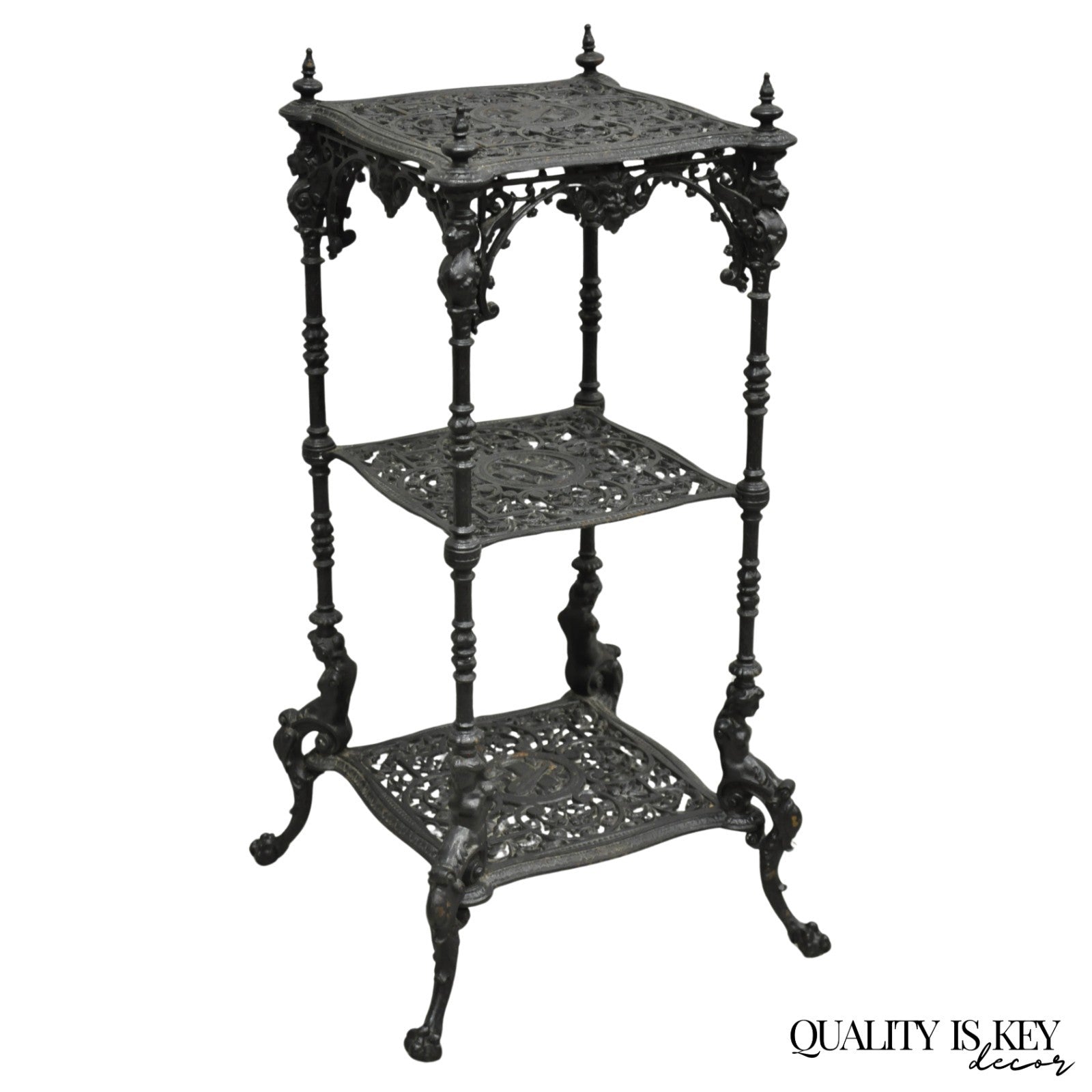 Antique French Renaissance Victorian Cast Iron Figural 3 Tier Plant Stand Table