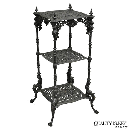 Antique French Renaissance Victorian Cast Iron Figural 3 Tier Plant Stand Table