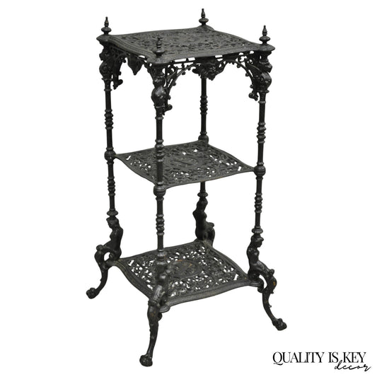 Antique French Renaissance Victorian Cast Iron Figural 3 Tier Plant Stand Table