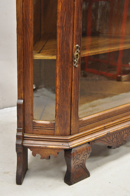 Antique Oak Victorian Renaissance Glass Door Carved Curio Corner China Cabinet