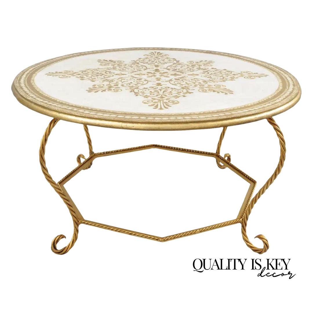 Italian Florentine Hollywood Regency Gold Wood & Iron Rope Round Coffee Table