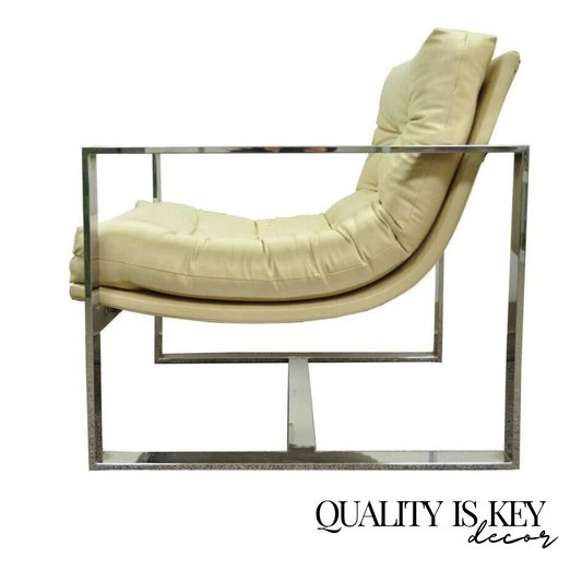 Mid Century Modern Milo Baughman Style Chrome Flat Bar Scoop Lounge Club Chair