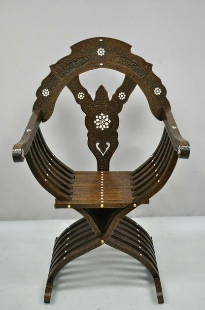 19th Century Mother of Pearl Inlay Syrian Savonarola Curule Throne Arm Chairs