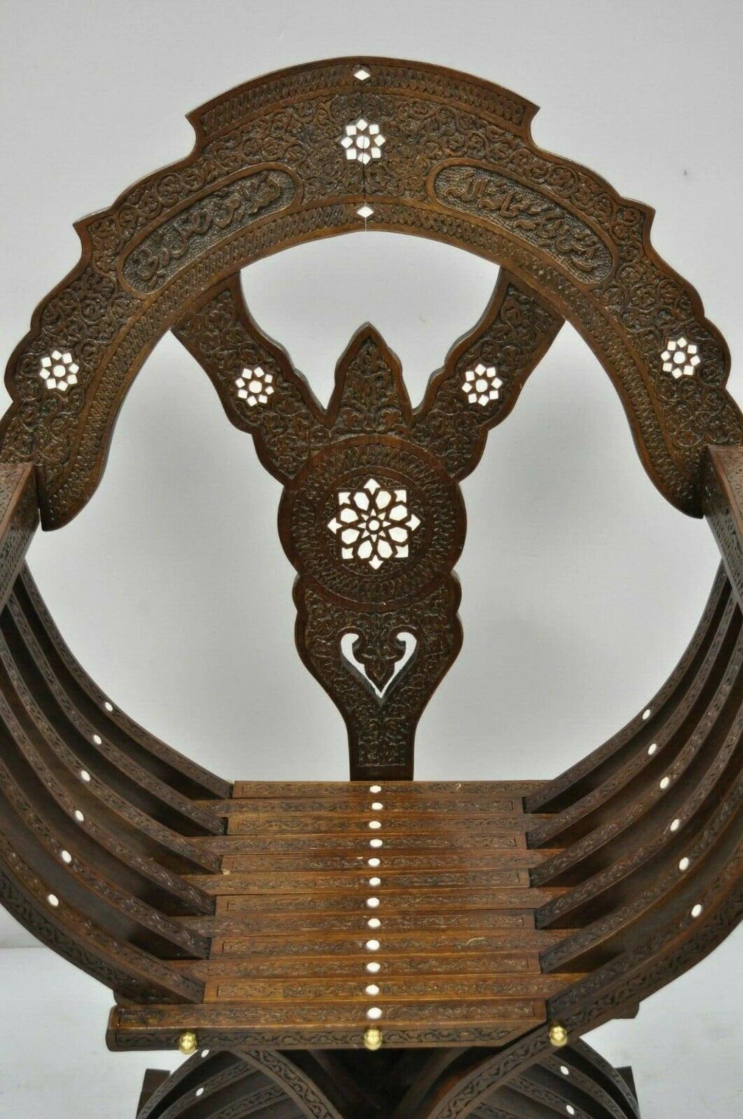 19th Century Mother of Pearl Inlay Syrian Savonarola Curule Throne Arm Chairs