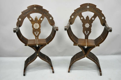 19th Century Mother of Pearl Inlay Syrian Savonarola Curule Throne Arm Chairs