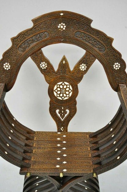 19th Century Mother of Pearl Inlay Syrian Savonarola Curule Throne Arm Chairs