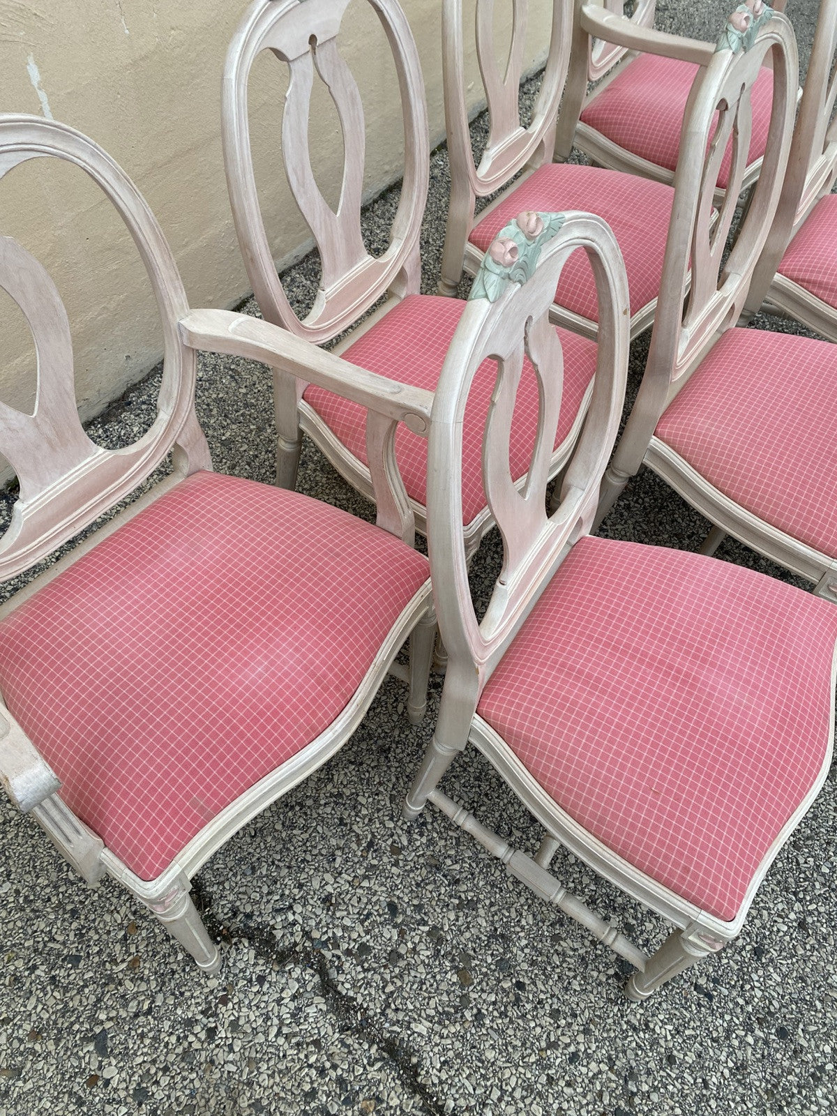 Vintage French Country Gustavian Cerused Pink Rose Dining Chairs - Set of 8