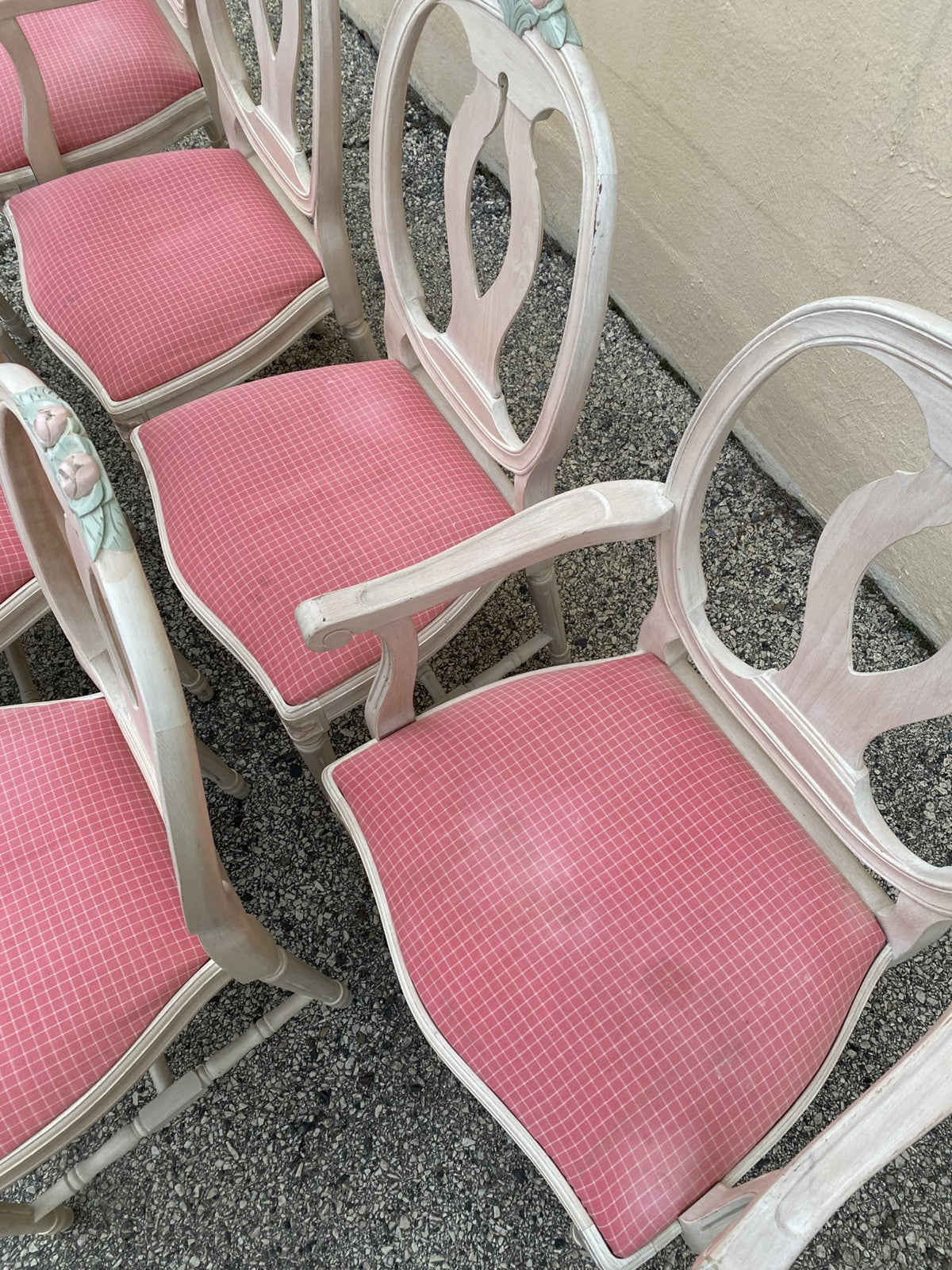 Vintage French Country Gustavian Cerused Pink Rose Dining Chairs - Set of 8