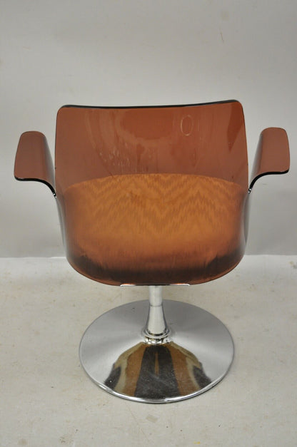Vintage Laverne Style Curved Cranberry Lucite Tulip Swivel Base Arm Chair (B)