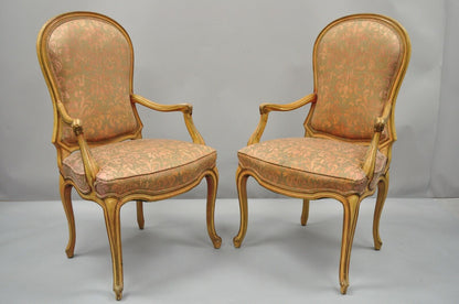 2 Italian Provincial French Hollywood Regency Upholstered Dining Room Arm Chairs