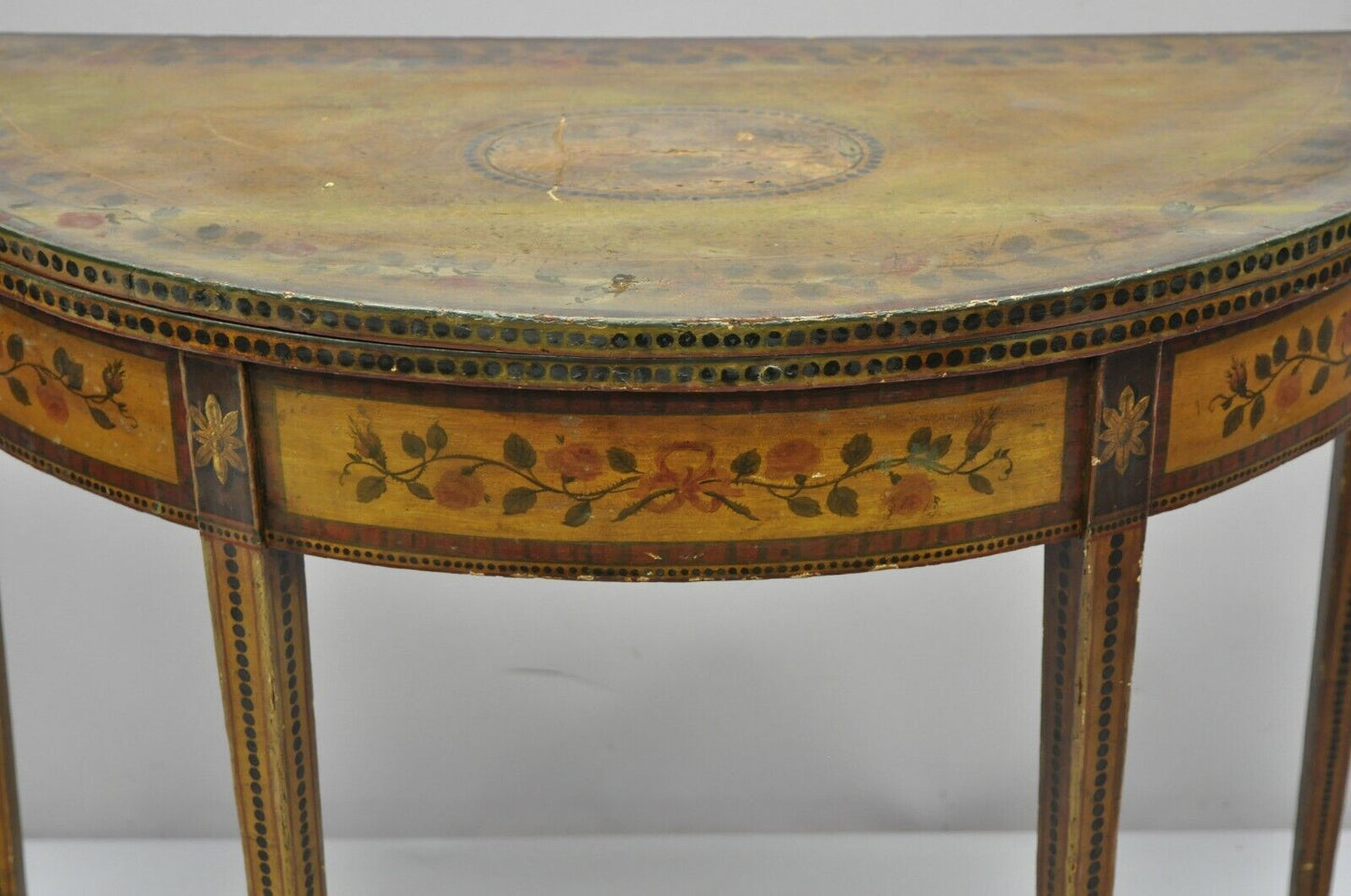 19th C. English Edwardian Polychrome Adams Painted Demilune Console Game Table