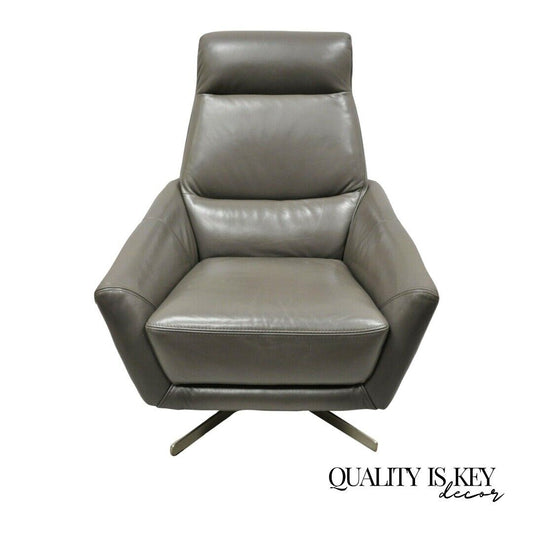 Modern Gray Leather Chrome Steel Swivel Base Lounge Club Arm Chair
