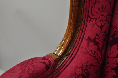 French Country Louis XV Style Carved Mahogany Burgundy Wingback Settee Sofa