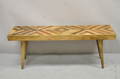 Modern Slatted Wood 48" Geometric Inlay Rustic Farmhouse Coffee Table Bench