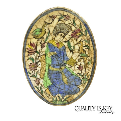 Antique Persian Iznik Qajar Style Ceramic Pottery Oval Tile Blue Figure Birds C3