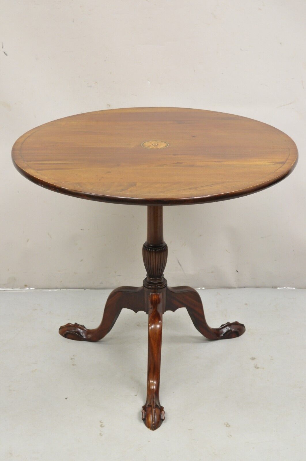 Antique Chippendale Style Round Tilt Top Pinwheel Inlay Ball and Claw Side Table