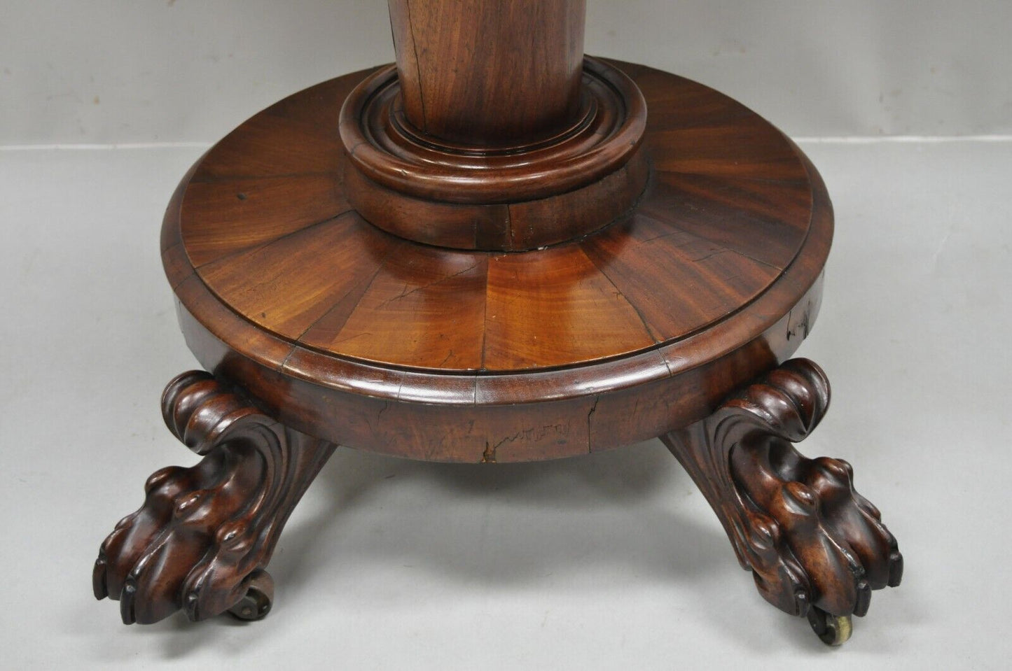 American Empire Crotch Flame Mahogany Paw Feet Pedestal Base Console Game Table