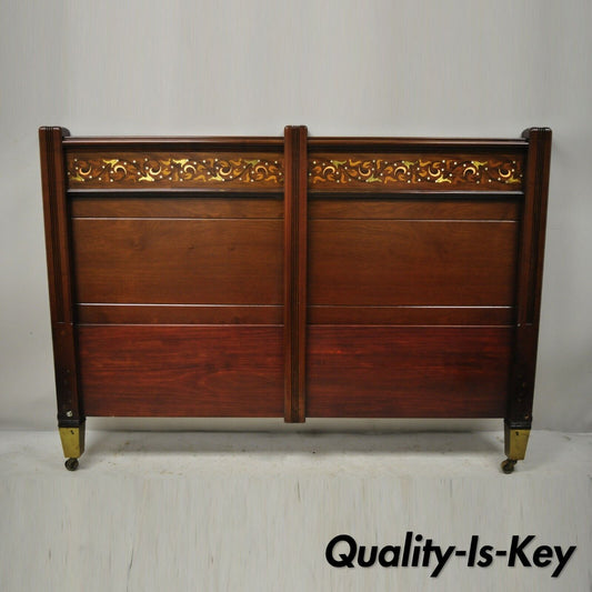 Herts Brothers Brass Satinwood Inlay Edwardian Mahogany Queen Bed Headboard