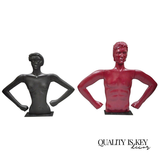 Vtg Art Deco Style Male and Female Couple Red Black Torso Art Mannequin on Stand