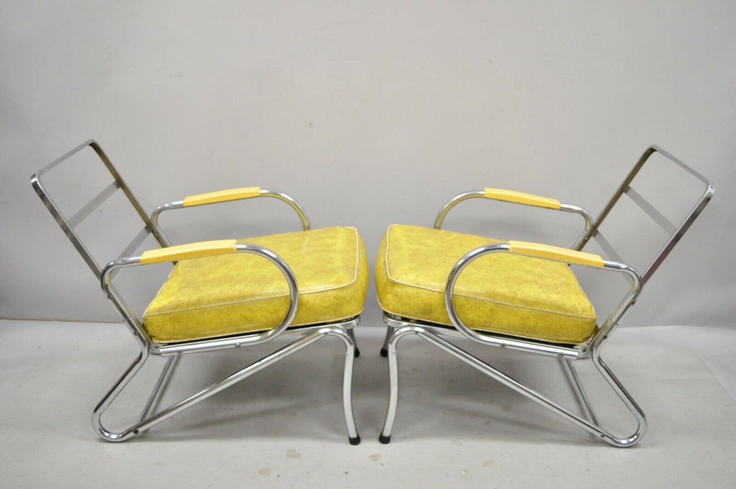 Pair Art Deco Tubular Chrome Yellow Vinyl Club Lounge Arm Chairs Attr. Lloyd Mfg