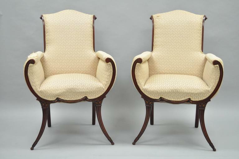 Pair Hollywood Regency French Victorian Mahogany Saber Leg Fireside Arm Chairs