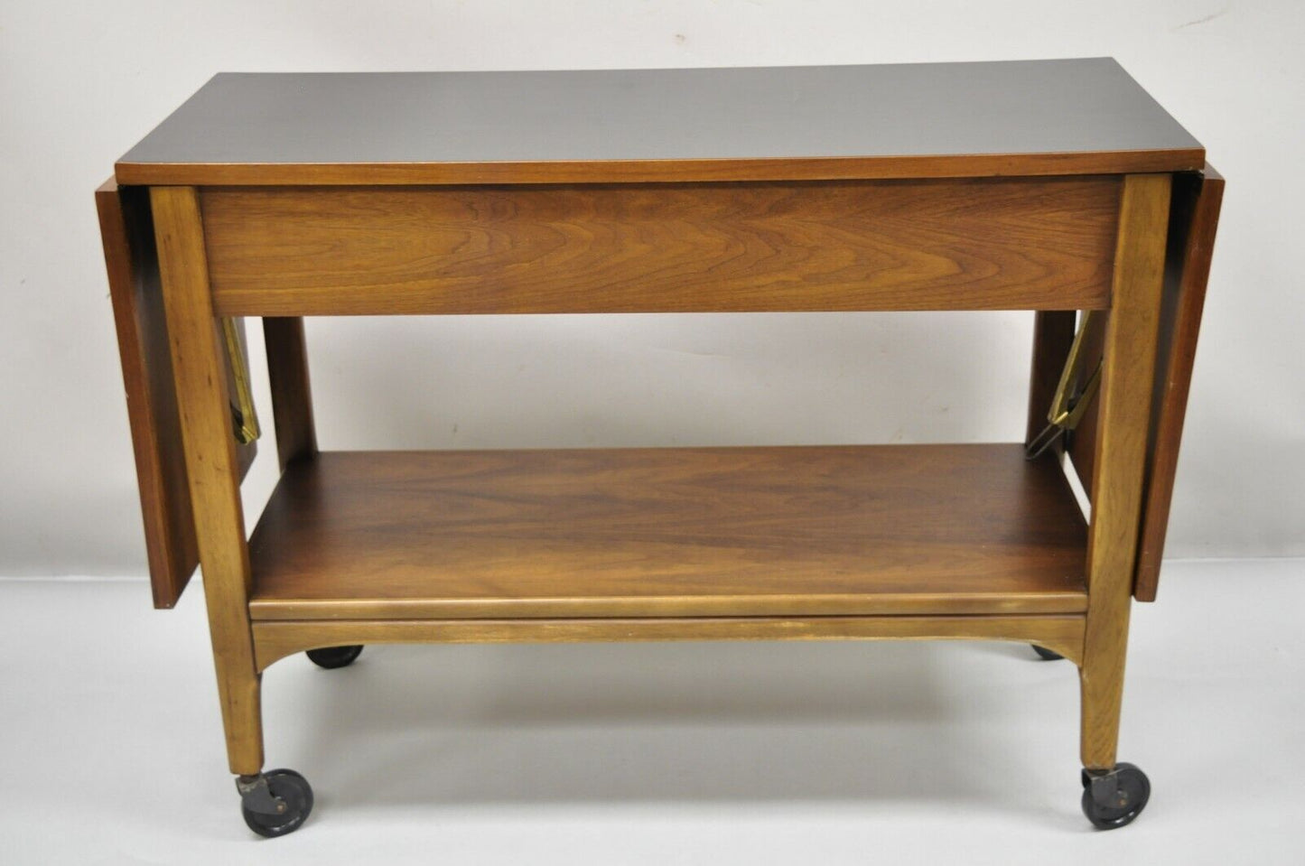 Lane Mid Century Modern Walnut Modern One Drawer Drop Leaf Rolling Bar Cart