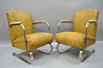 Pair of Lloyd Tubular Chrome Steel KEM Weber Style Art Deco Springer Arm Chairs