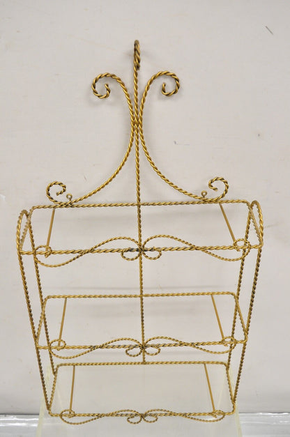 Vintage Gold Gilt Metal Hollywood Regency Scrolling Iron 3 Tier Small Wall Shelf