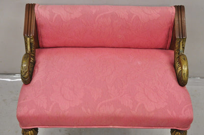 Vintage French Louis XVI Style Pink Vanity Chair Bench Seat w/ Swan Carved Arms