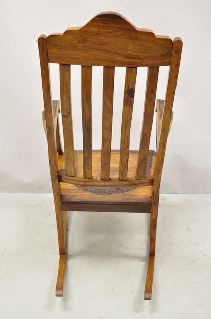 Vintage Anglo Indian Carved Teak Wood Rocking Chair Rocker