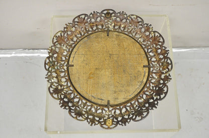 Antique French Renaissance Style Round Leafy Brass Frame Small Beveled Mirror