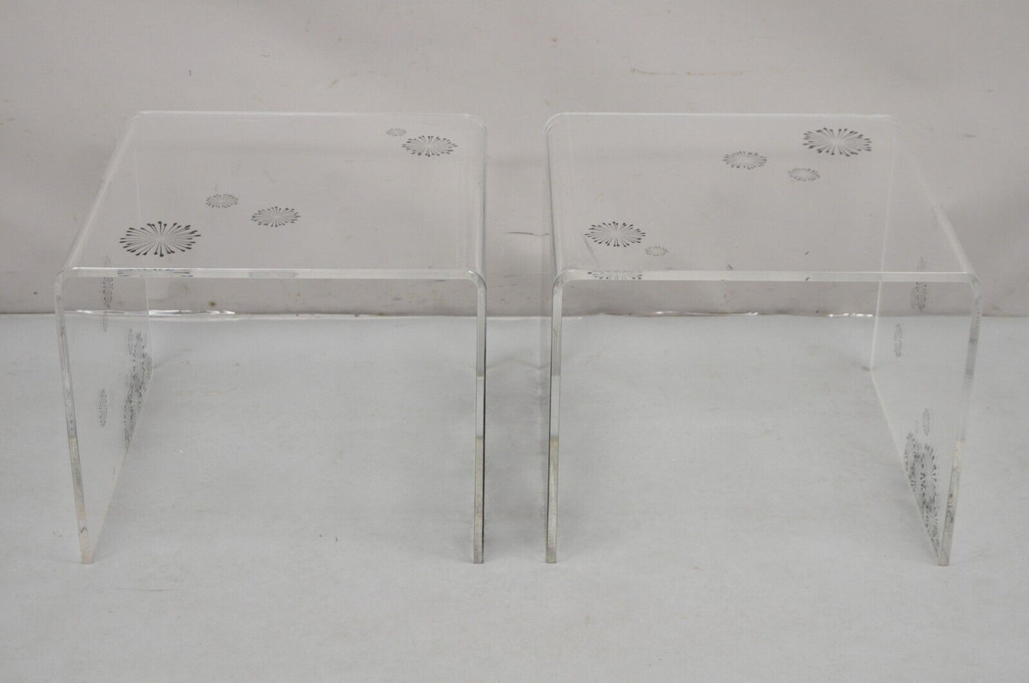 Mid Century Modern Lucite Acrylic Sunflower Fireworks Low Waterfall End Tables